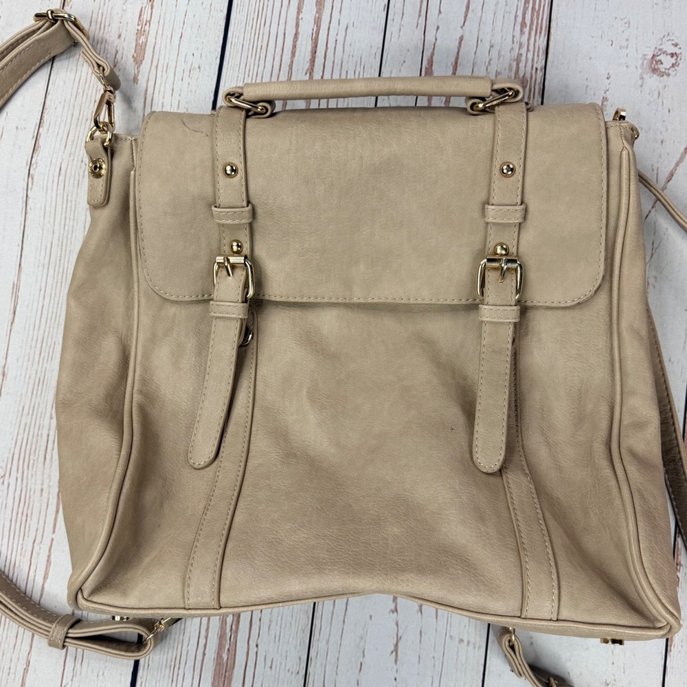 MMS Beige Vegan Leather Convertible Backpack Crossbody Handbag Gold Hardware